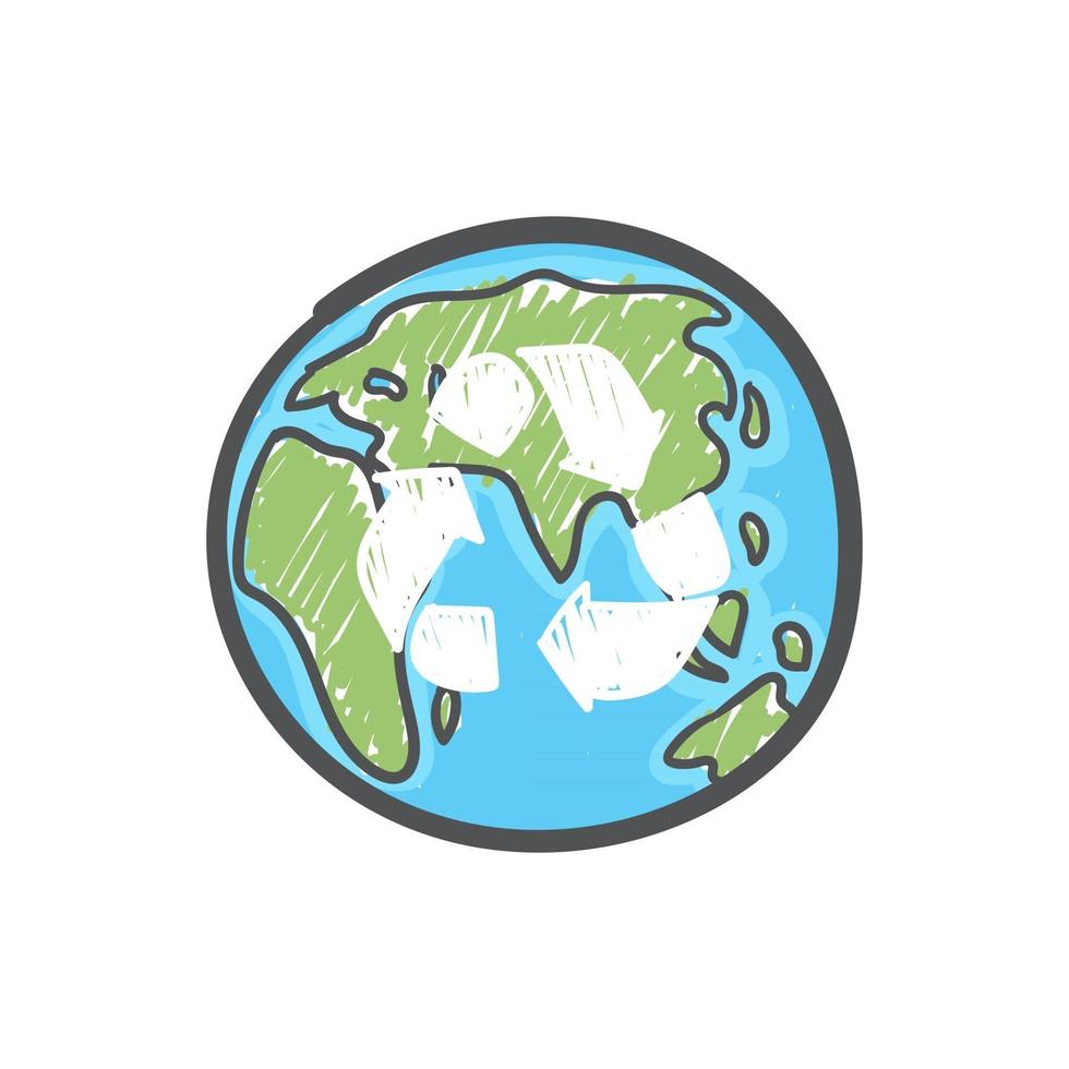 earth globe met hand getrokken recycle symbool. afvalvermindering en recycling wereldwijd concept. ecologische zorg en milieuvriendelijk concept. vector