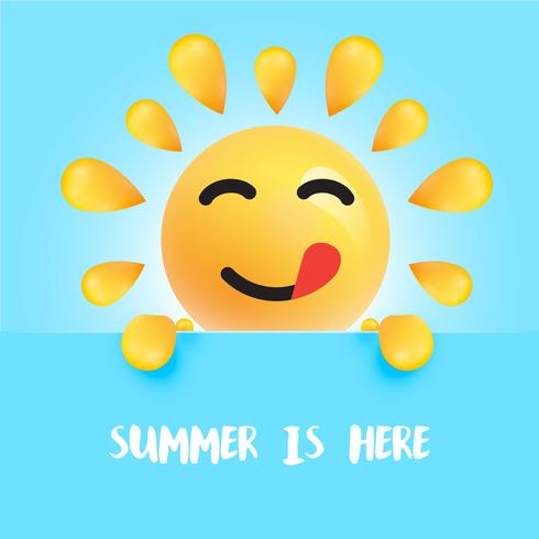 Grappige zon-smiley met de titel &quot;&quot; de zomer is hier &quot;, vectorillustratie vector