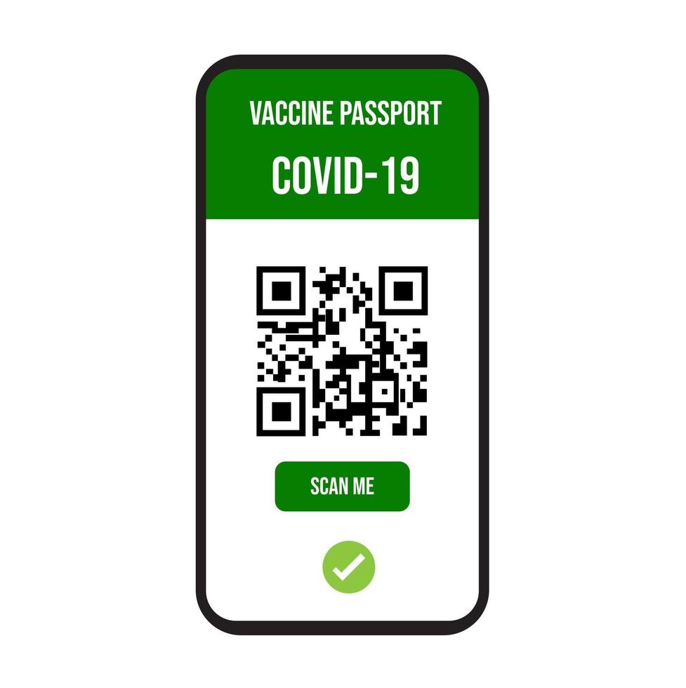 vaccinatiebewijs op het scherm van de mobiele telefoon. scan qr code vaccin covid-19 internationaal pictogram symbool op witte achtergrond. vector