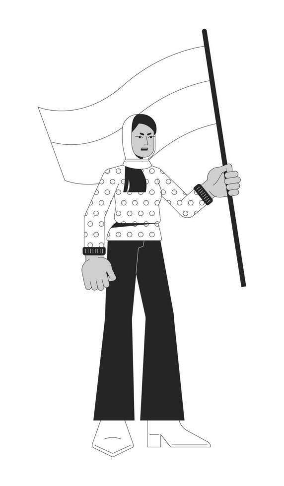 moslim vrouw Holding vlag vlak lijn zwart wit vector karakter. demonstratie. bewerkbare schets vol lichaam persoon. protest gemakkelijk tekenfilm geïsoleerd plek illustratie voor web grafisch ontwerp