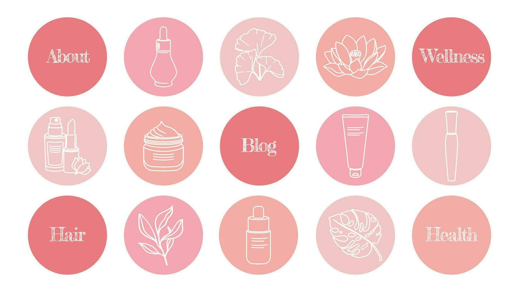 een reeks van highlights natuurlijk tinten gemakkelijk roze pictogrammen voor een blog over cosmetica, geneeskunde en mentaal Gezondheid. vector