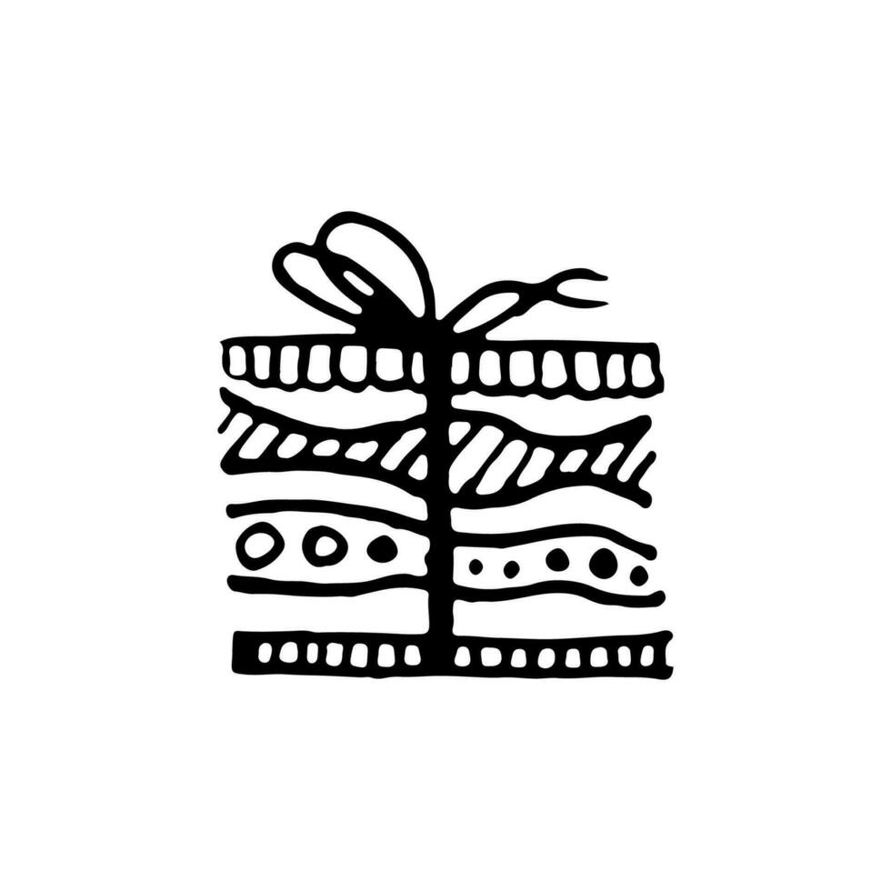 tekening geschenk doos icoon geïsoleerd Aan wit achtergrond. Kerstmis presenteert dun lijn tekening in tekenfilm stijl. geschenk inpakken of pakket. hand- getrokken pictogrammen cadeaus met Scandinavisch patronen. vector