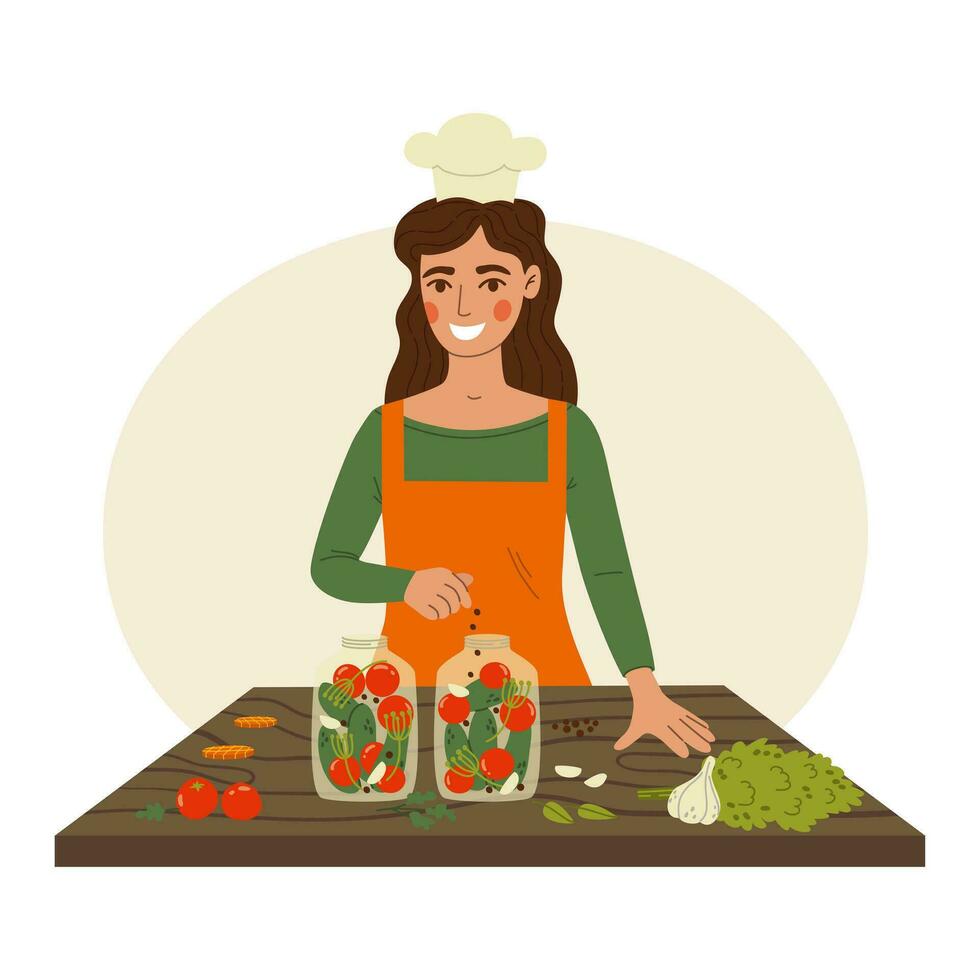 vrouw inblikken eigengemaakt groenten in glas potten Aan hout tafel. gemarineerd voedsel werkwijze. concept van eigengemaakt augurken. vlak vector illustratie.