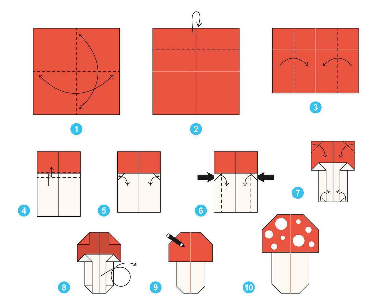 vlieg agaric origami regeling zelfstudie in beweging model. origami voor kinderen. stap door stap hoe naar maken een schattig origami paddestoel. vector illustratie.