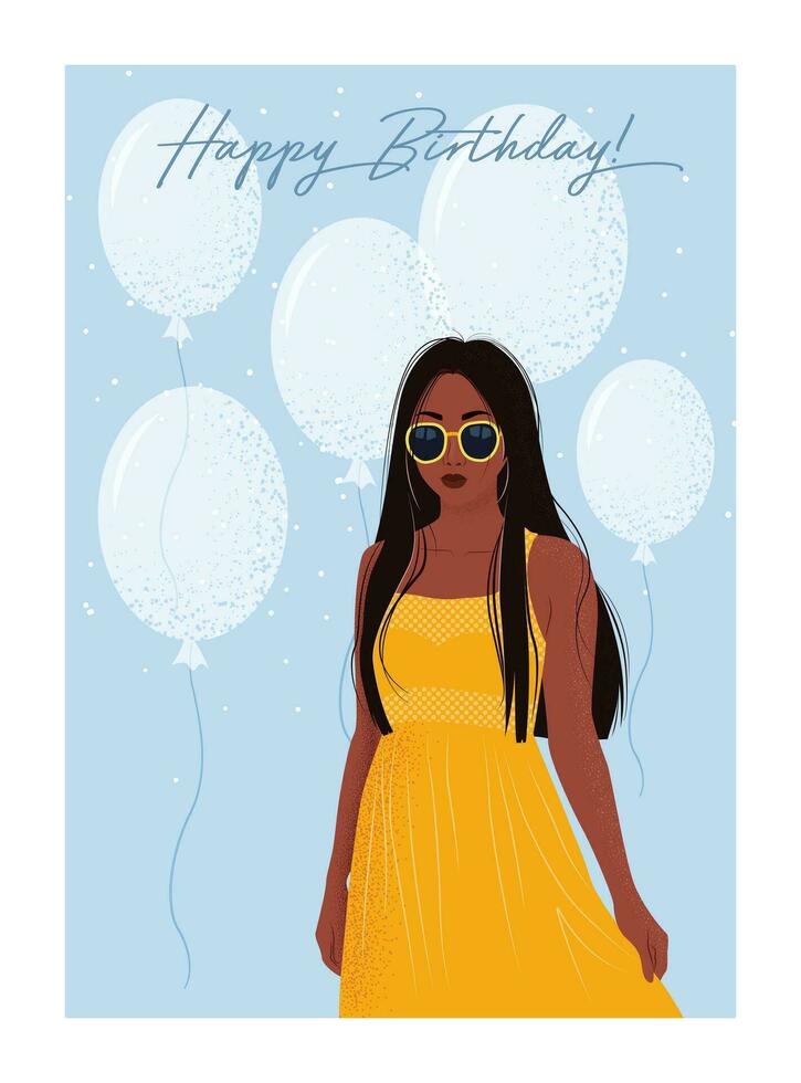 gelukkig verjaardag kaart. vector schattig illustratie van Afrikaanse Amerikaans vrouw in geel jurk en zonnebril. ansichtkaart voor de vakantie van vrouw of meisje. felicitatie poster met ballonnen. verjaardag partij