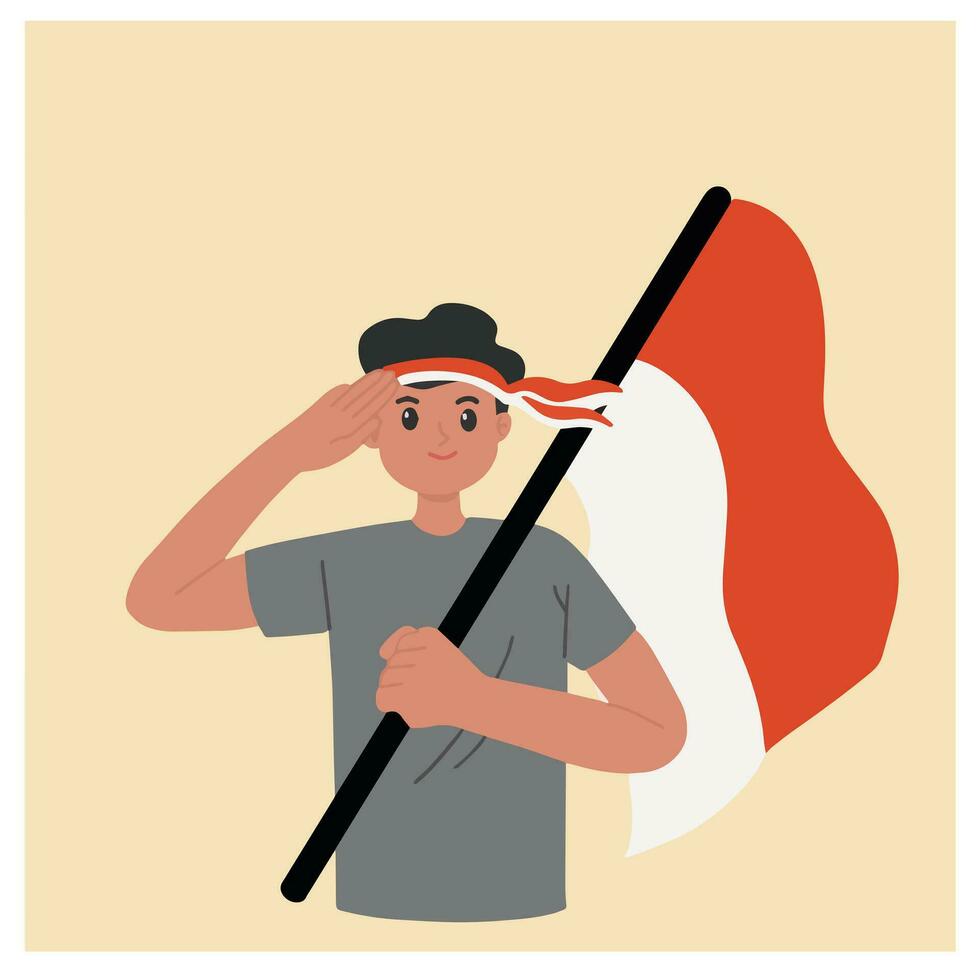 portret van jong Mens golvend de rood en wit vlag Indonesisch sumpah pemuda dag illustratie vector