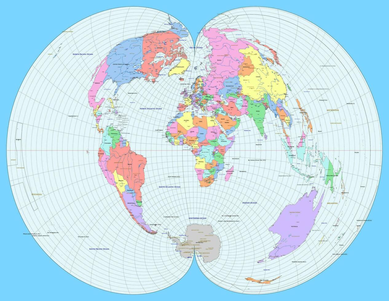 politiek wereld kaart Amerikaans polyconisch projectie vector