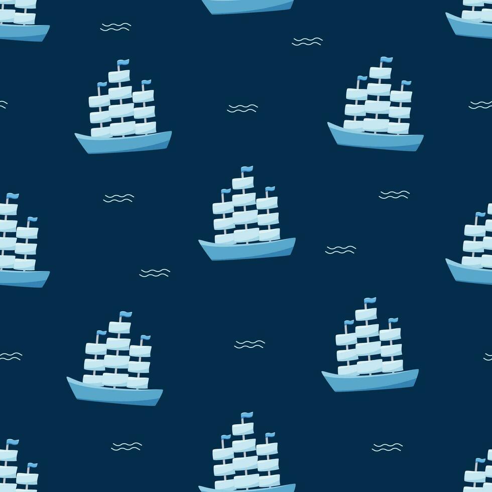 naadloos patroon van een schip met drie masten. vector achtergrond historisch marine- fregat met zeilen en zee golven.