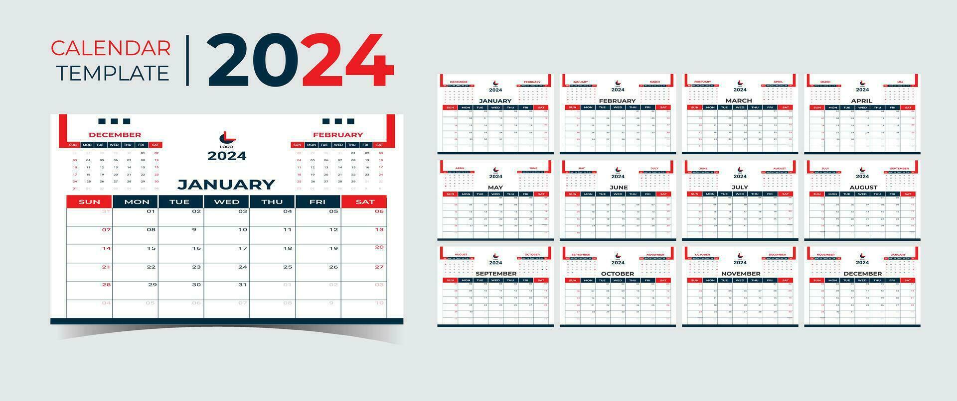 maandelijks kalender sjabloon voor 2024 jaar. muur kalender in een minimalistische stijl. kalender 2024 week begin zondag zakelijke ontwerp ontwerper sjabloon. vector