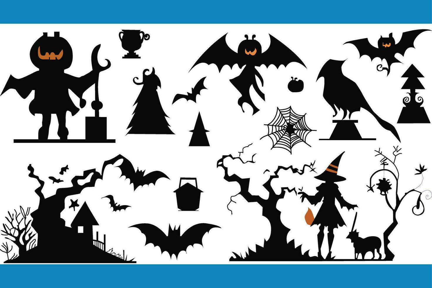 reeks van zwart halloween silhouetten. verzameling van halloween-thema items in zwart stoutmoedig grafisch stijl met heksen, pompoenen, en eng karakters. vector illustratie geïsoleerd Aan wit