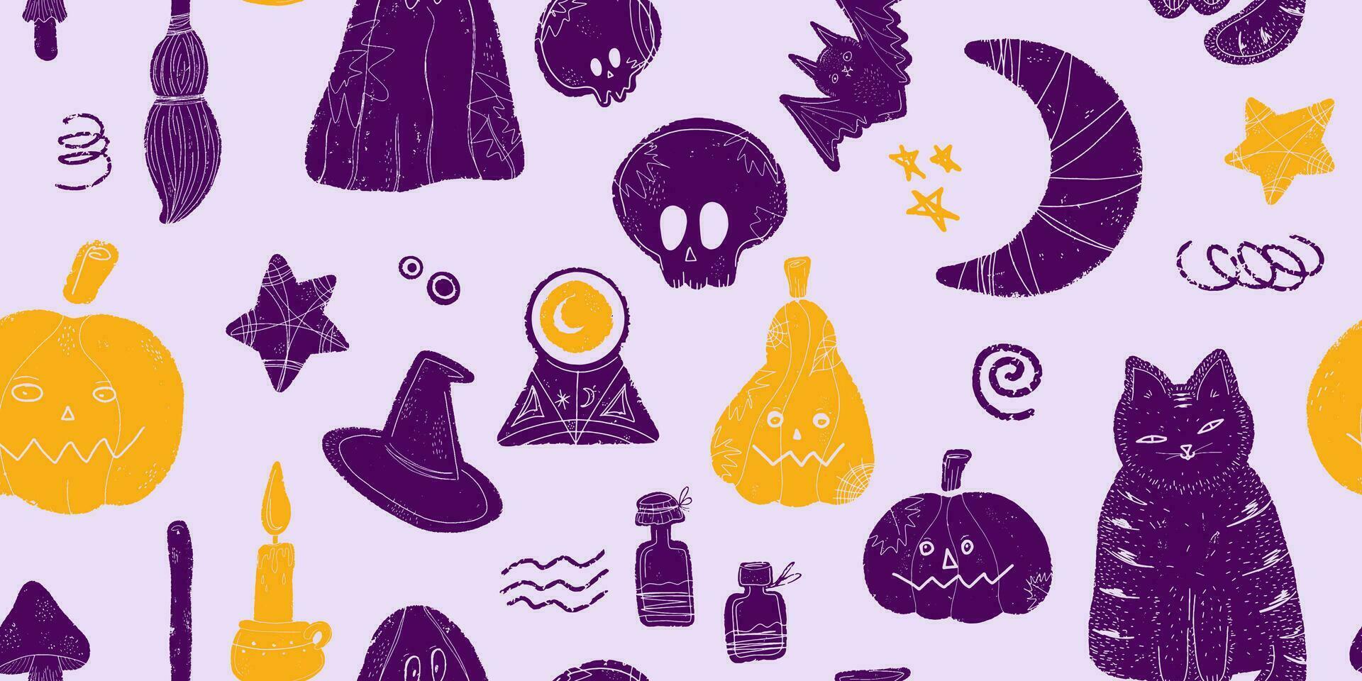 een Purper en geel patroon met halloween items vector