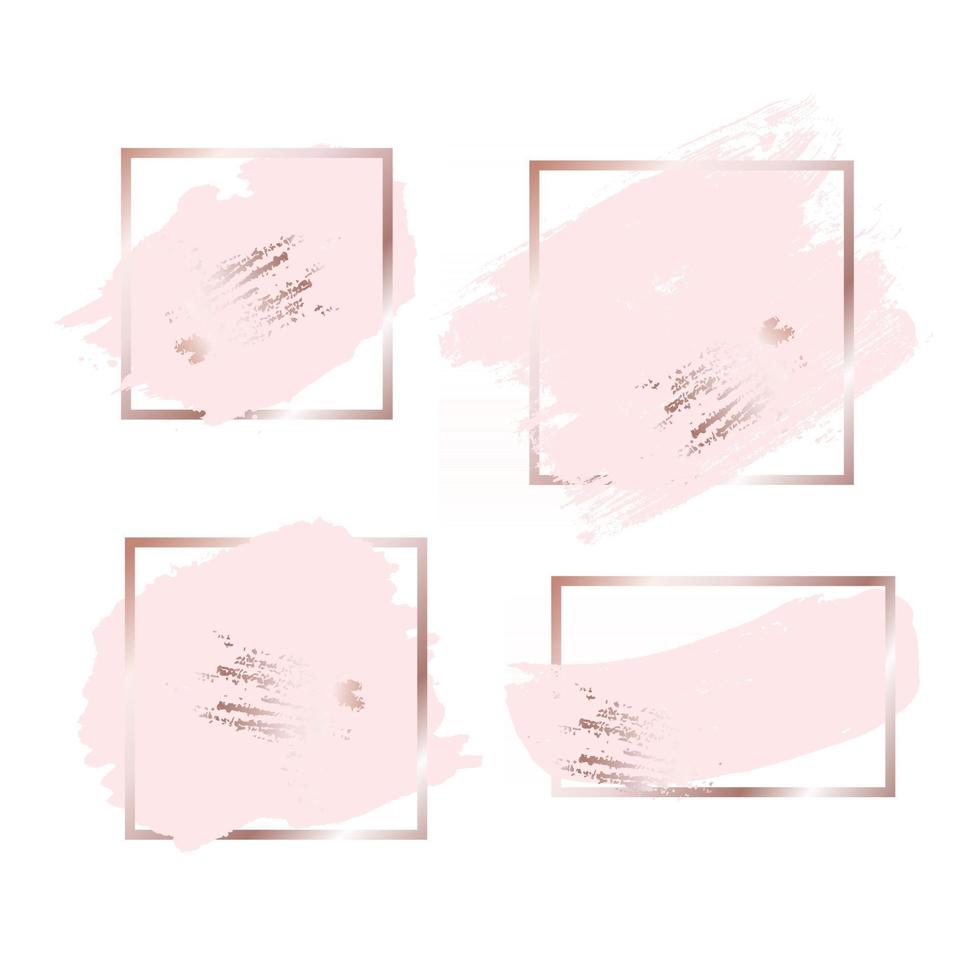penseelstreken in rose goud roze tinten en gouden frame achtergrond. vector illustratie