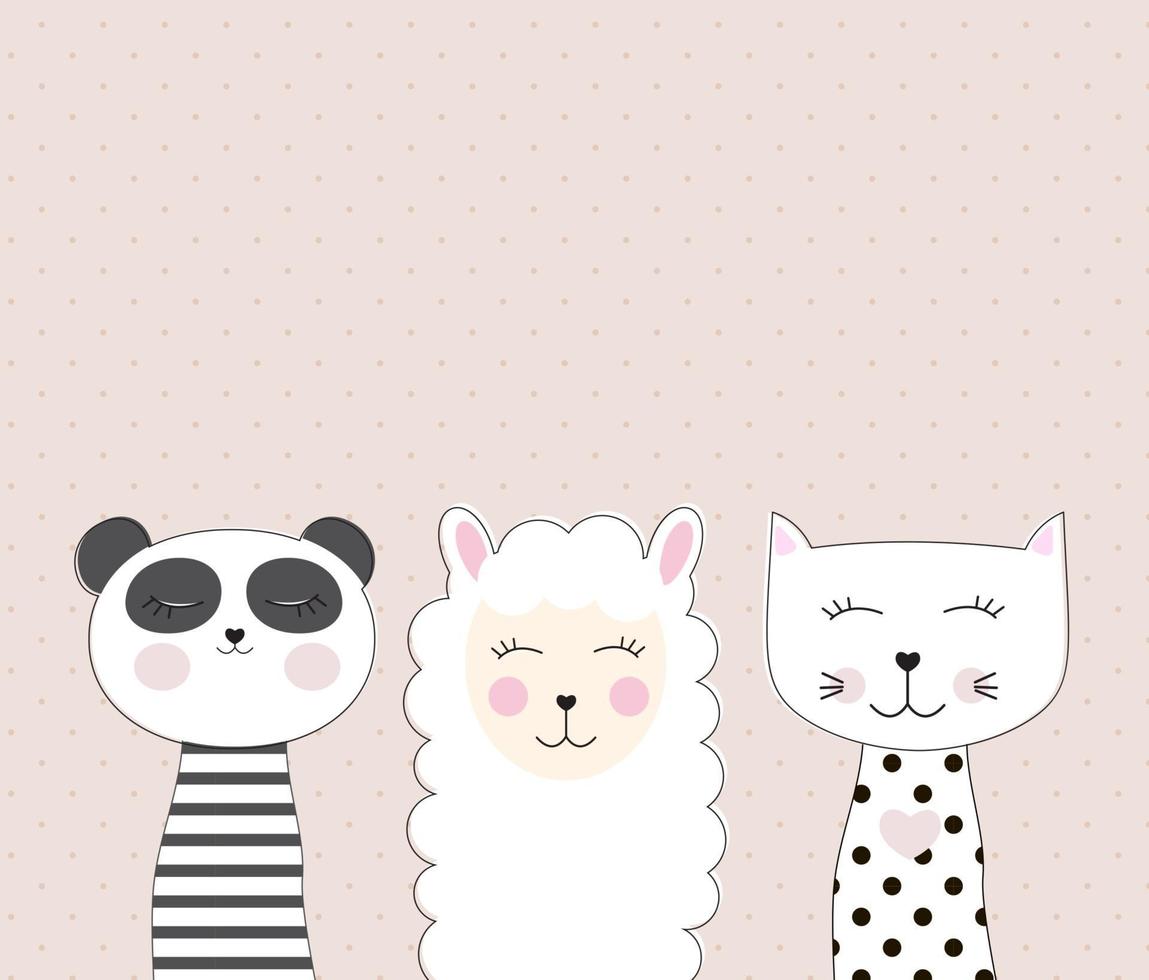 kleine schattige lama, panda en kat voor kaart- en shirtontwerp. beste vriend concept. vector illustratie