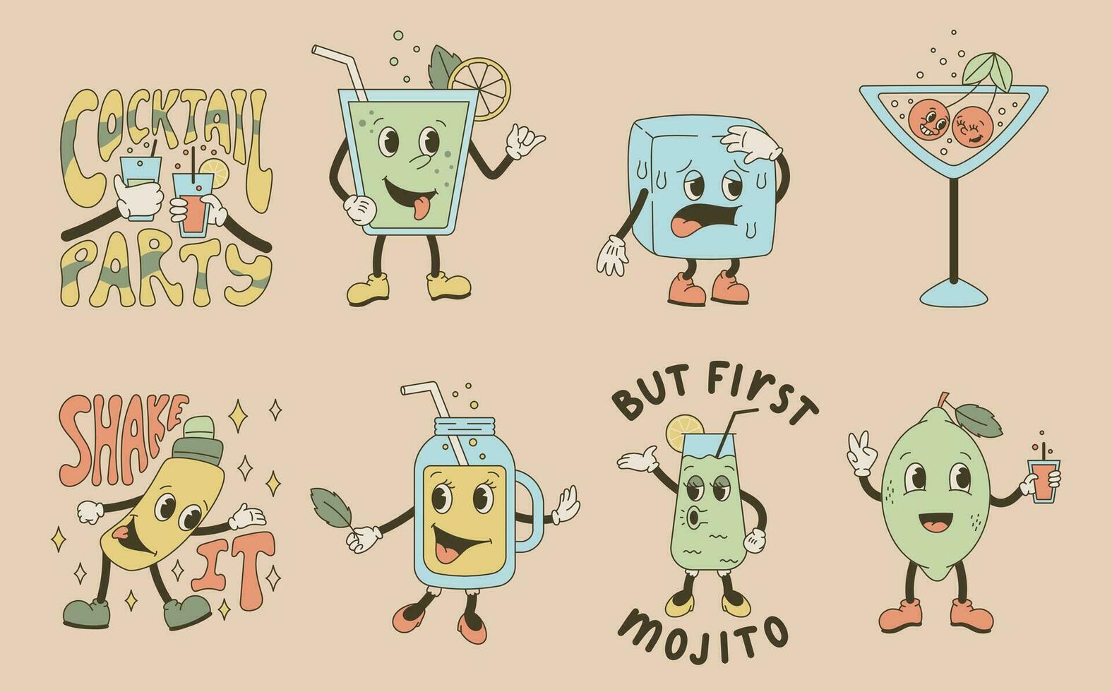 grappig groovy karakters, bril met alcoholisch cocktail, mojito, sap, limonade. reeks van vector oud tekenfilm retro illustraties.