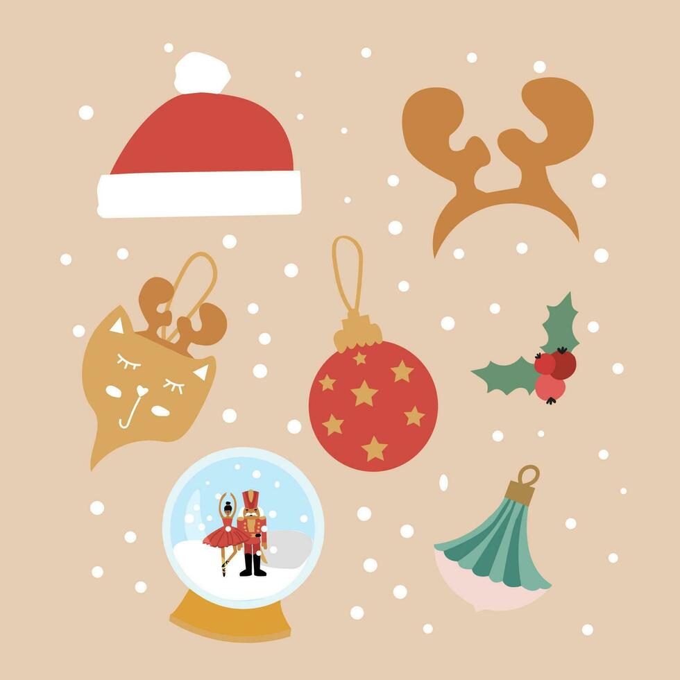 hand getekend vlak Kerstmis elementen met Kerstmis ornamenten, sneeuw wereldbol en een de kerstman hoed. vector