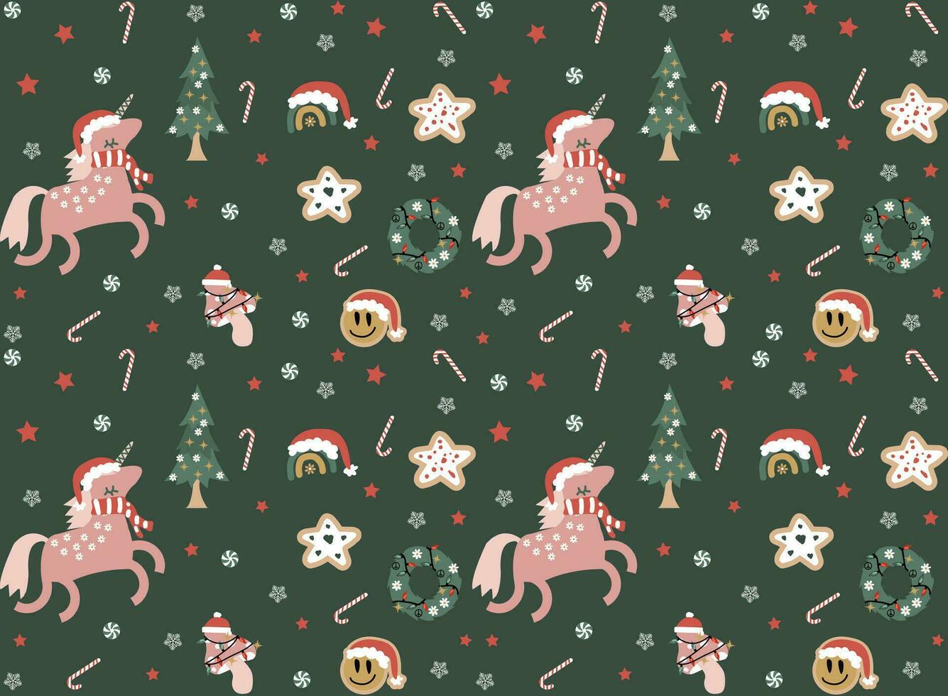 retro schattig groovy Kerstmis eenhoorn met peperkoek koekjes naadloos patroon. vector