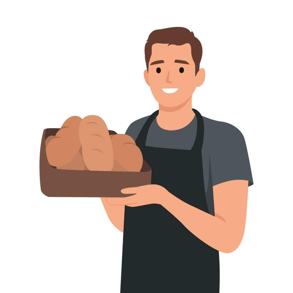 een bakker glimlachen gelukkig terwijl Holding een oven dienblad met vers gebakken brood. vers brood ruikt goed. vector