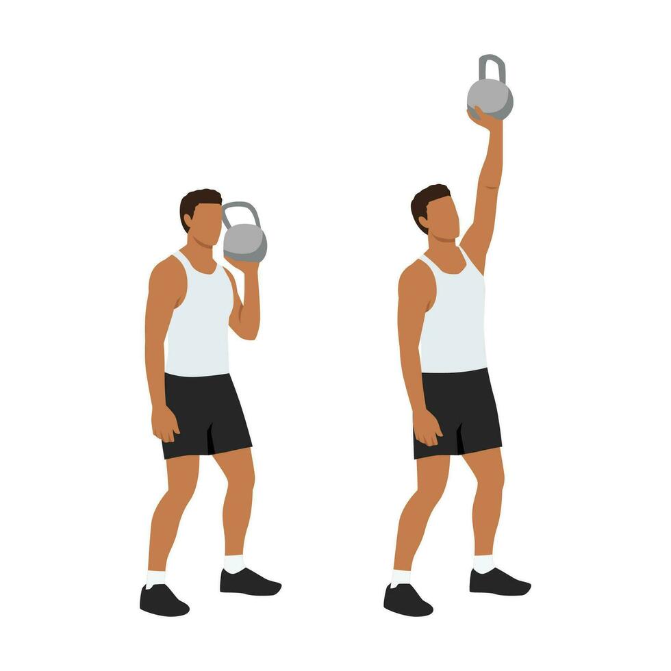 Mens aan het doen een arm schouder druk op met kettlebell oefening. vlak vector illustratie geïsoleerd Aan wit achtergrond