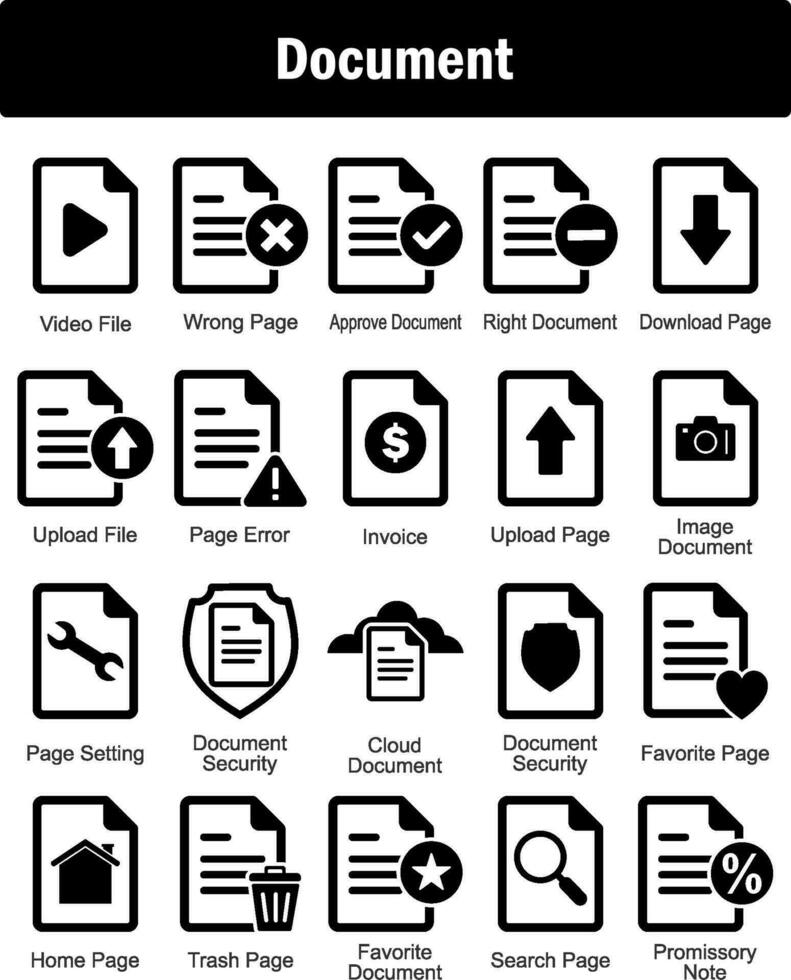 een reeks van 20 document pictogrammen net zo video het dossier, mis bladzijde, goedkeuren document vector