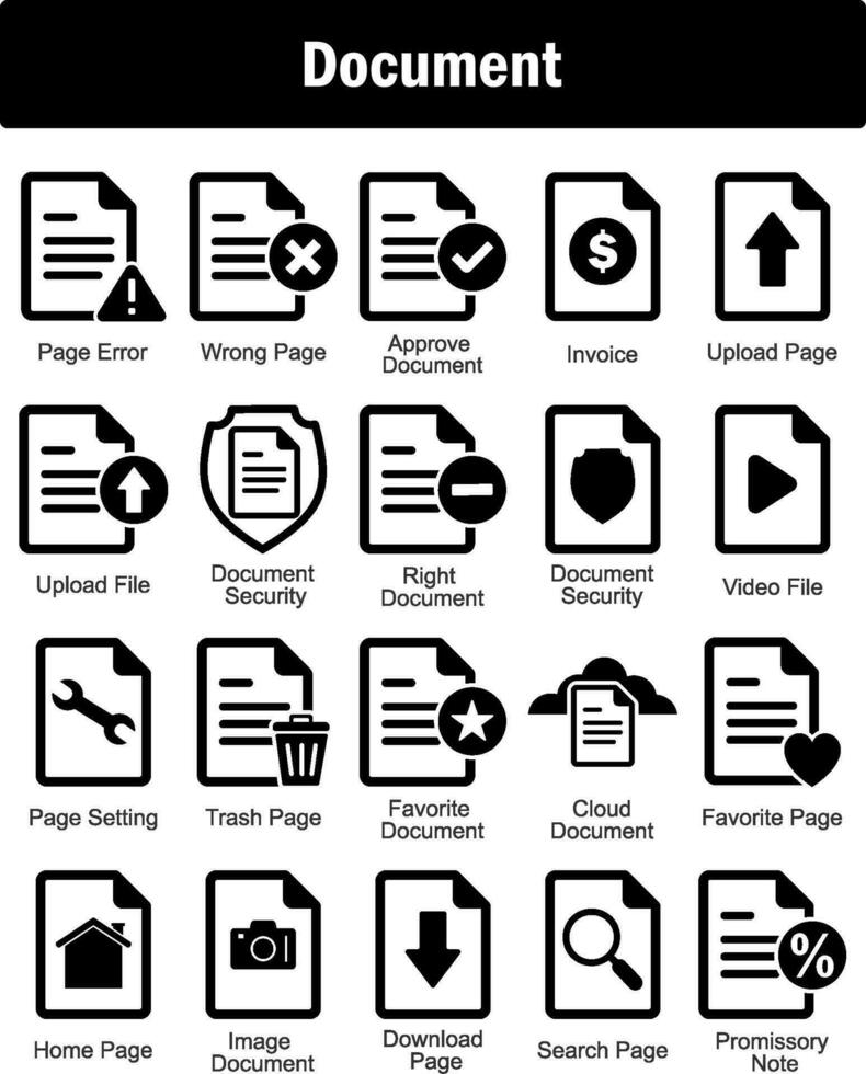 een reeks van 20 document pictogrammen net zo bladzijde fout, mis bladzijde, goedkeuren document vector