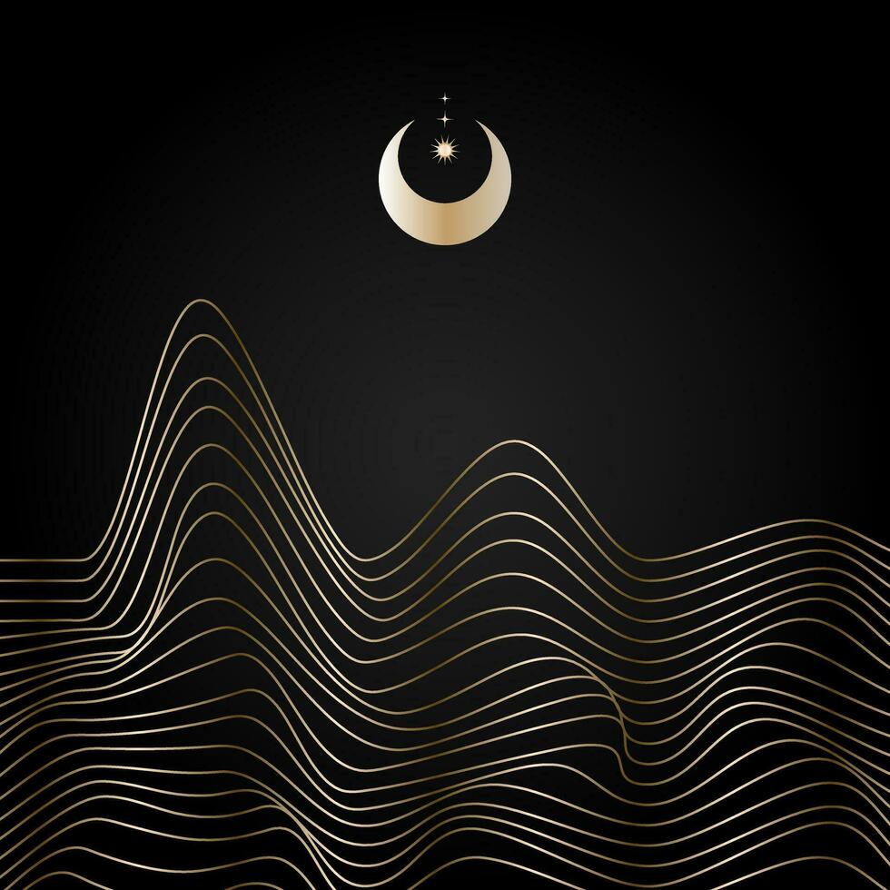 gouden lineair abstract bergen Aan donker achtergrond, maan over- golvend lineair heuvels achtergrond. Aziatisch motieven. vector banier