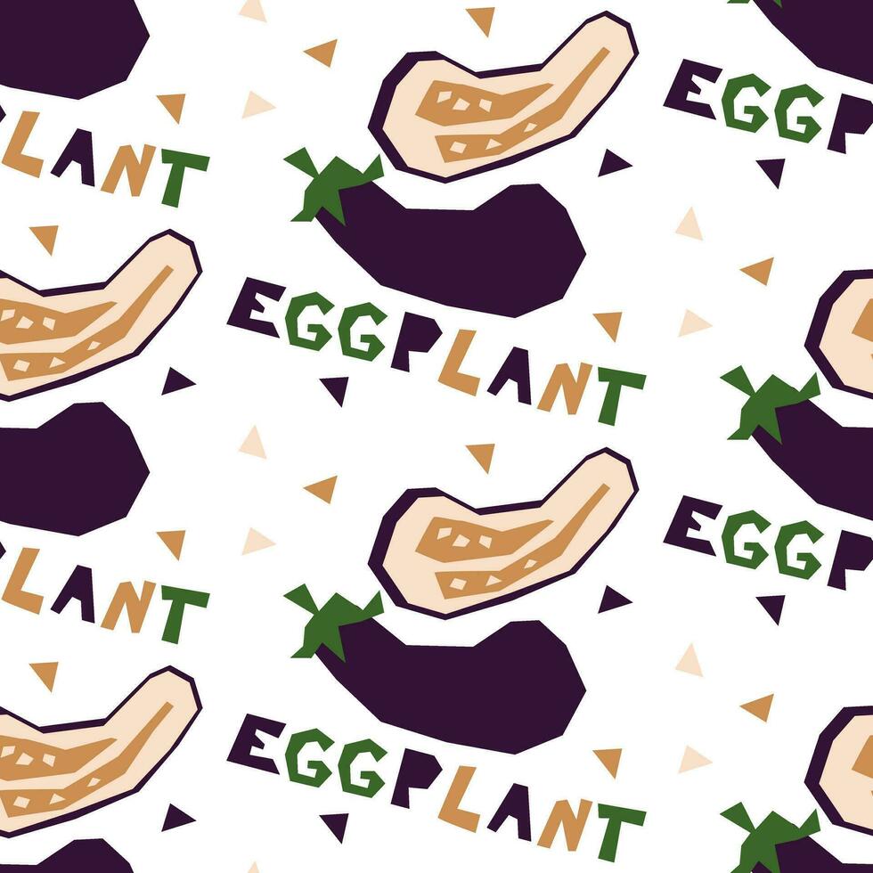 naadloos patroon van meetkundig aubergine, hand getekend met een inscriptie. vector illustratie van groenten. voor omhulsel papier, straat festival, boer markt, land eerlijk, winkel, menu, cafe