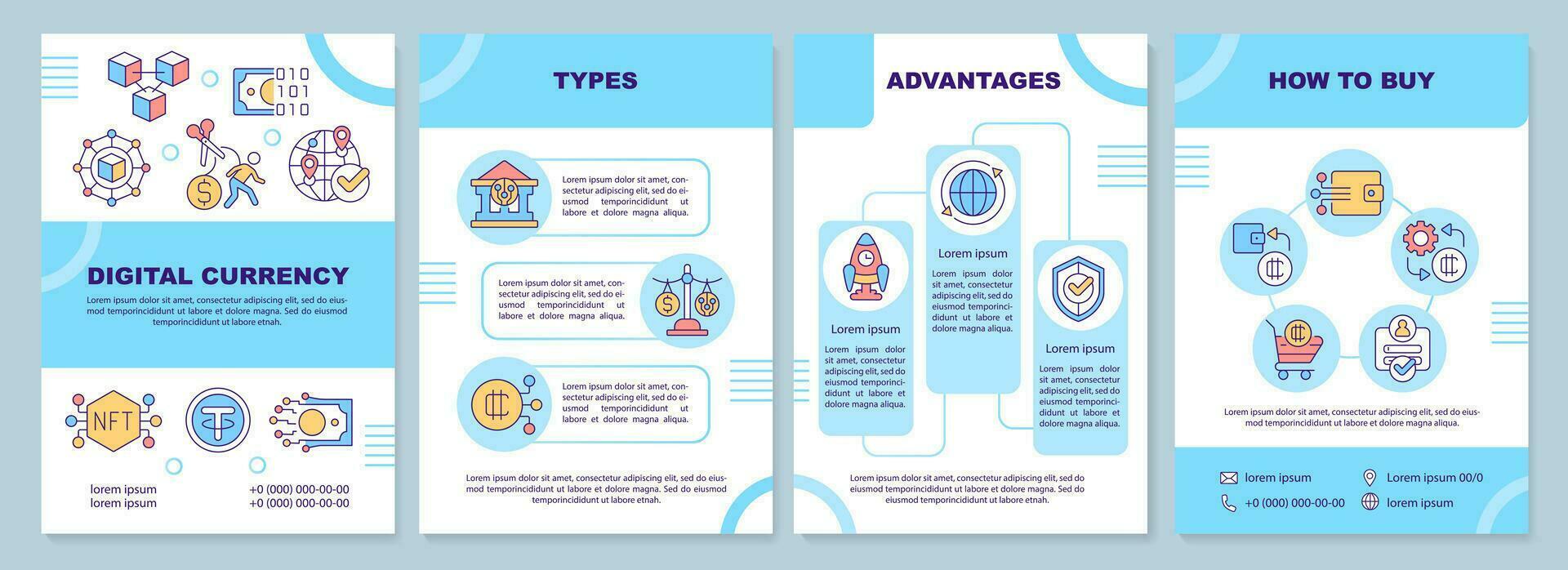 2d digitaal valuta brochure sjabloon, brochure ontwerp met dun lijn pictogrammen, 4 vector lay-outs.