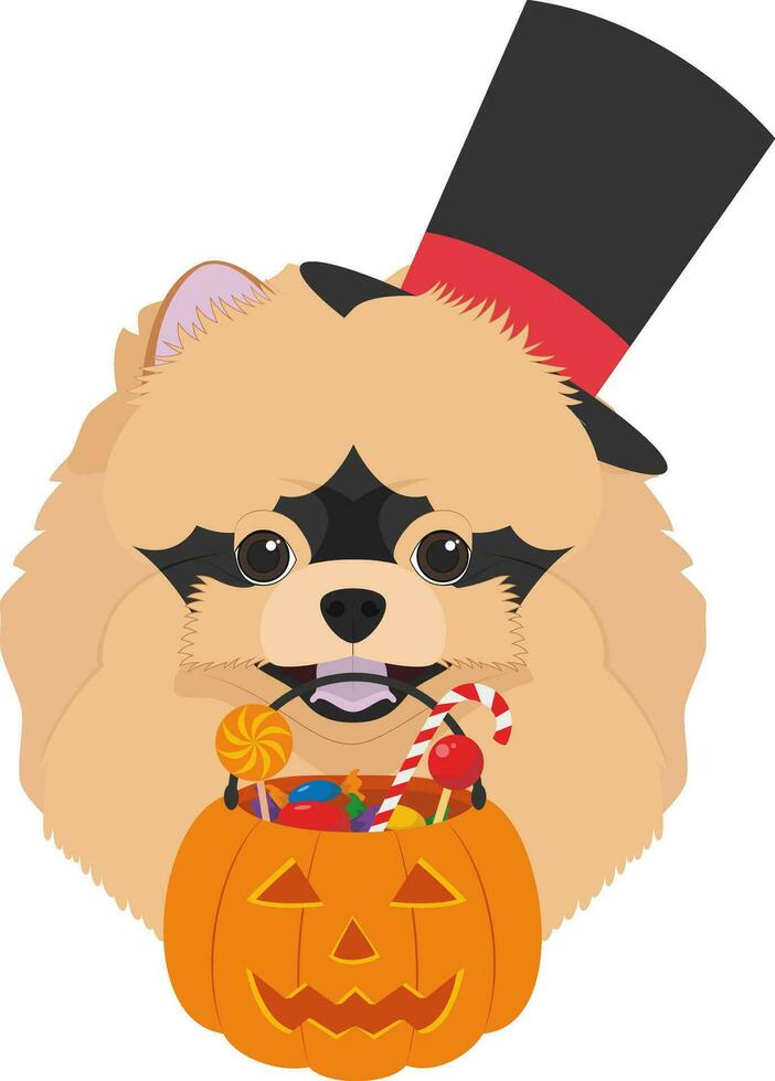 halloween groet kaart. pommeren hond met top hoed, masker en een pompoen met snoepjes in de mond vector