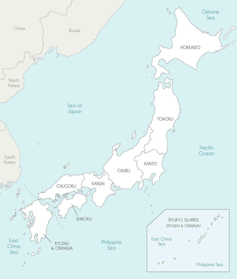 vector kaart van Japan met Regio's en administratief divisies, en naburig landen. bewerkbare en duidelijk gelabeld lagen.