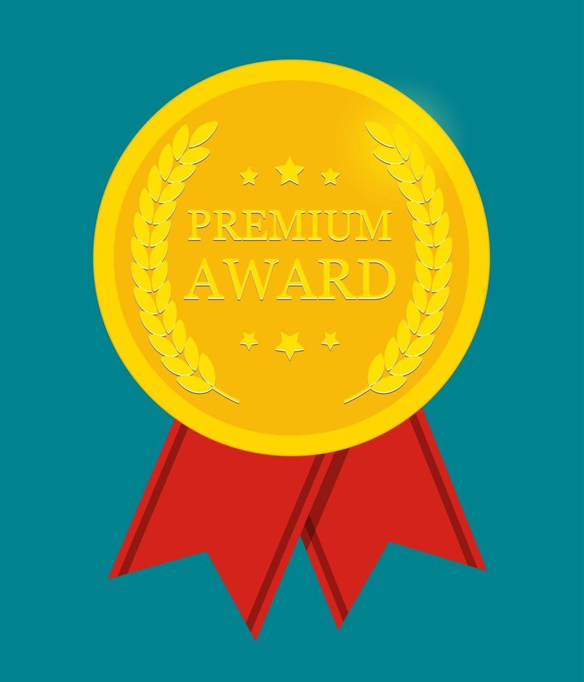 premium award gouden medaille met rood lint. pictogram teken geïsoleerd op een witte achtergrond. vector illustratie