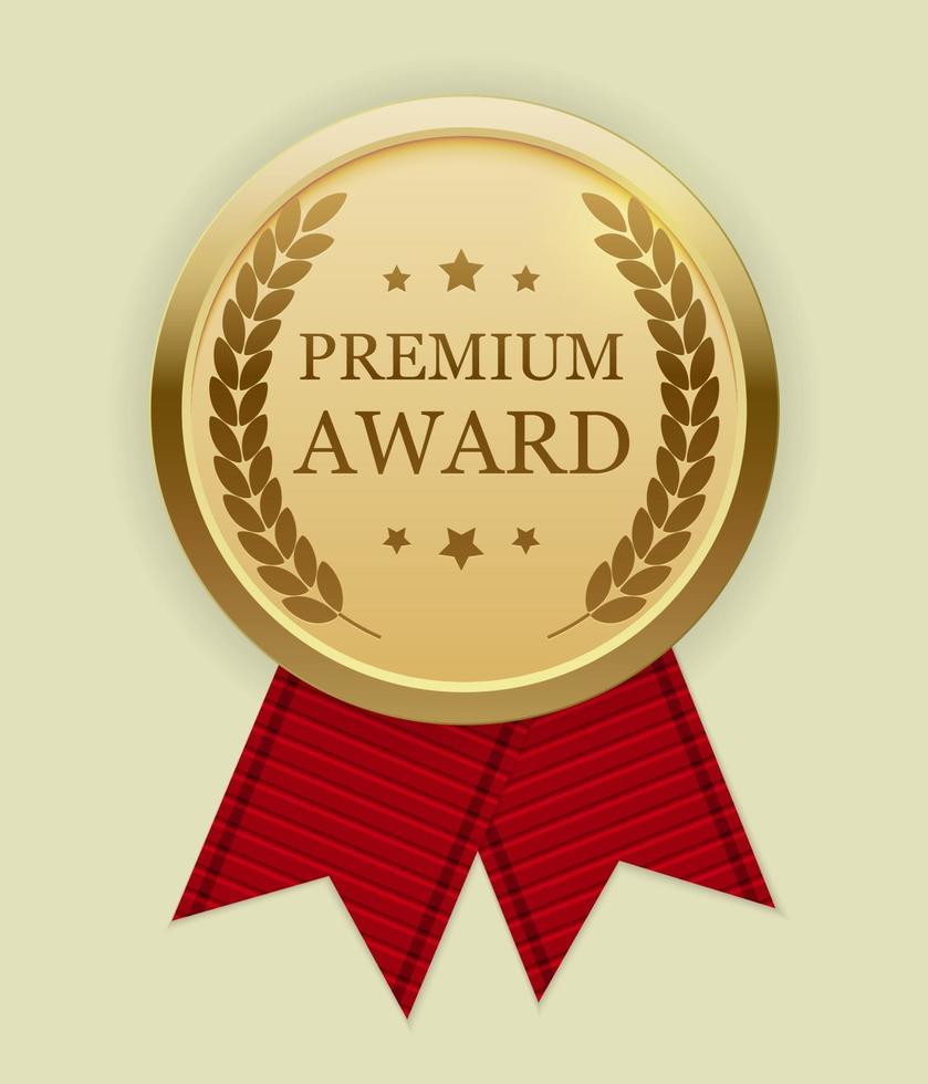 premium award gouden medaille met rood lint. pictogram teken geïsoleerd op een witte achtergrond. vector illustratie