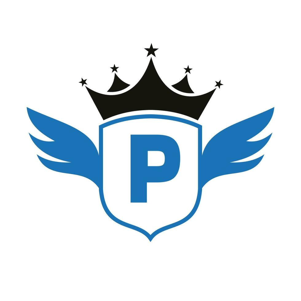 brief p vervoer logo met vleugel, schild en kroon icoon. vleugel logo Aan schild symbool vector