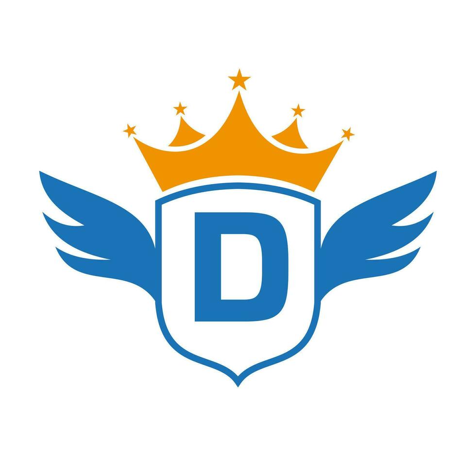 brief d vervoer logo met vleugel, schild en kroon icoon. vleugel logo Aan schild symbool vector