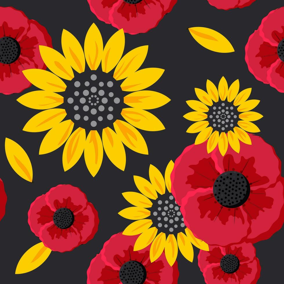groot geel zonnebloem bloemen en rood klaprozen creëren een naadloos patroon Aan een zwart achtergrond voor textiel, stoffen. vector. vector