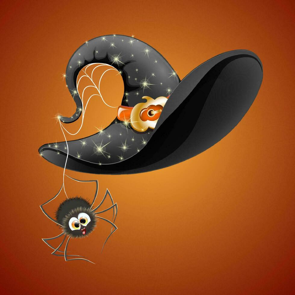 schattig tekenfilm heksen hoed met gouden pompoen gesp en oranje lint, met hangende weinig spin vector