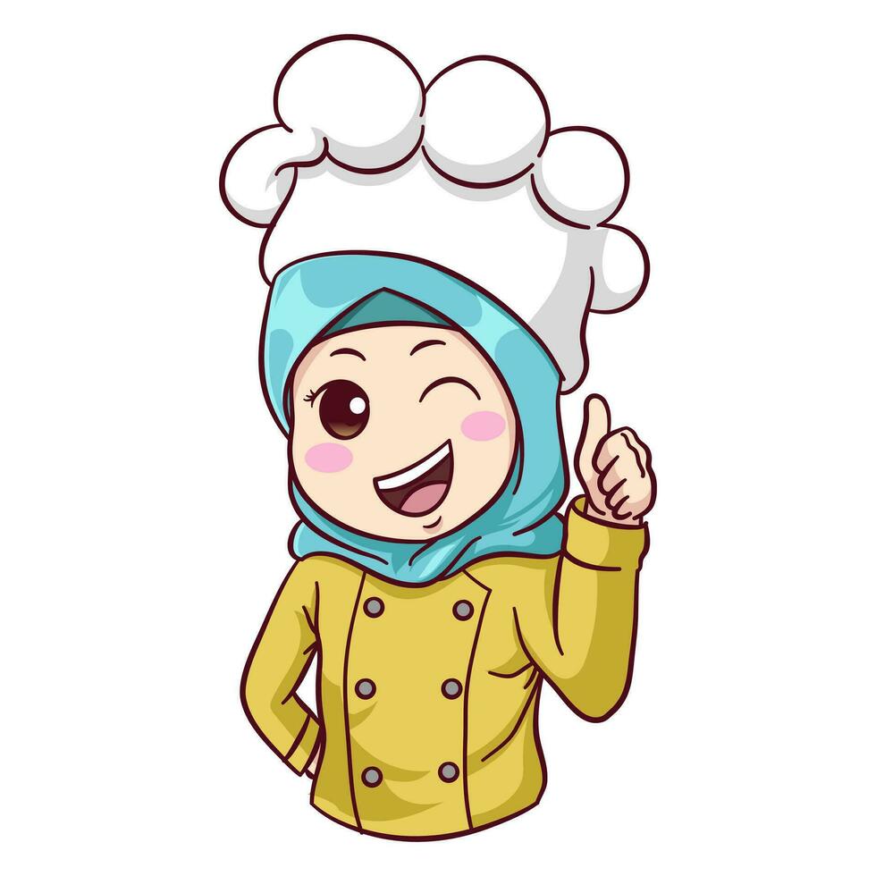 illustratie schattig moslim vrouw chef vervelend een hijab geven duimen omhoog vector