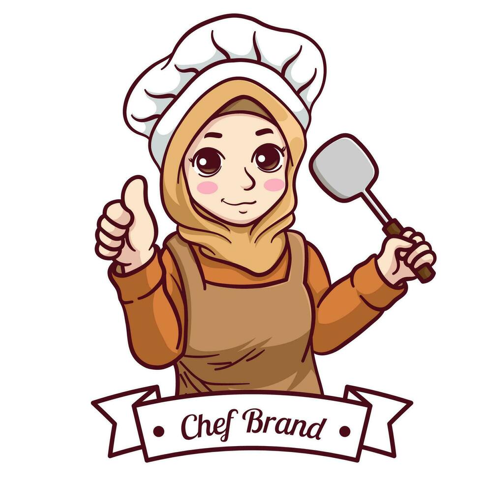 schattig en kawaii vector moslim vrouw chef vervelend hijab Holding een spatel