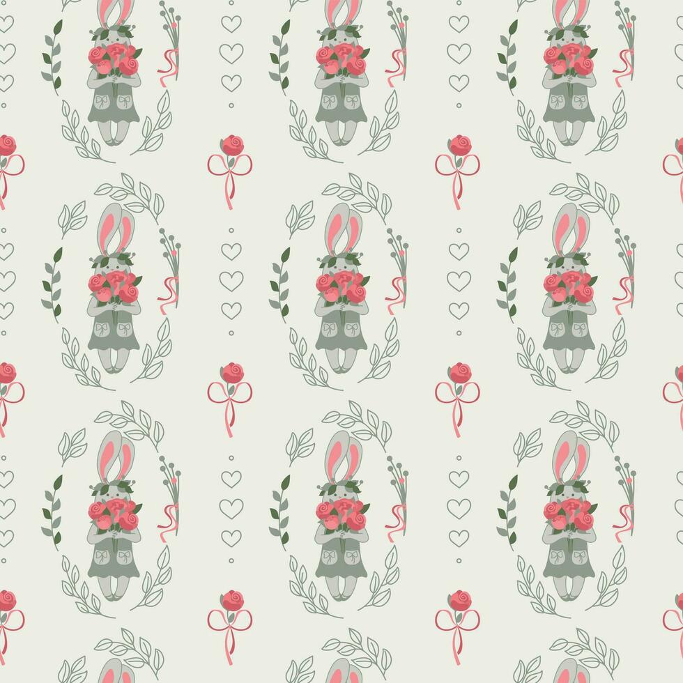 schattig konijn met een boeket van rozen, patroon voor kinderen kleding stof, vector