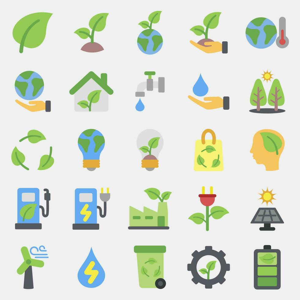 icoon reeks van omgeving. ecologie en milieu elementen. pictogrammen in vlak stijl. mooi zo voor afdrukken, affiches, logo, infografieken, enz. vector