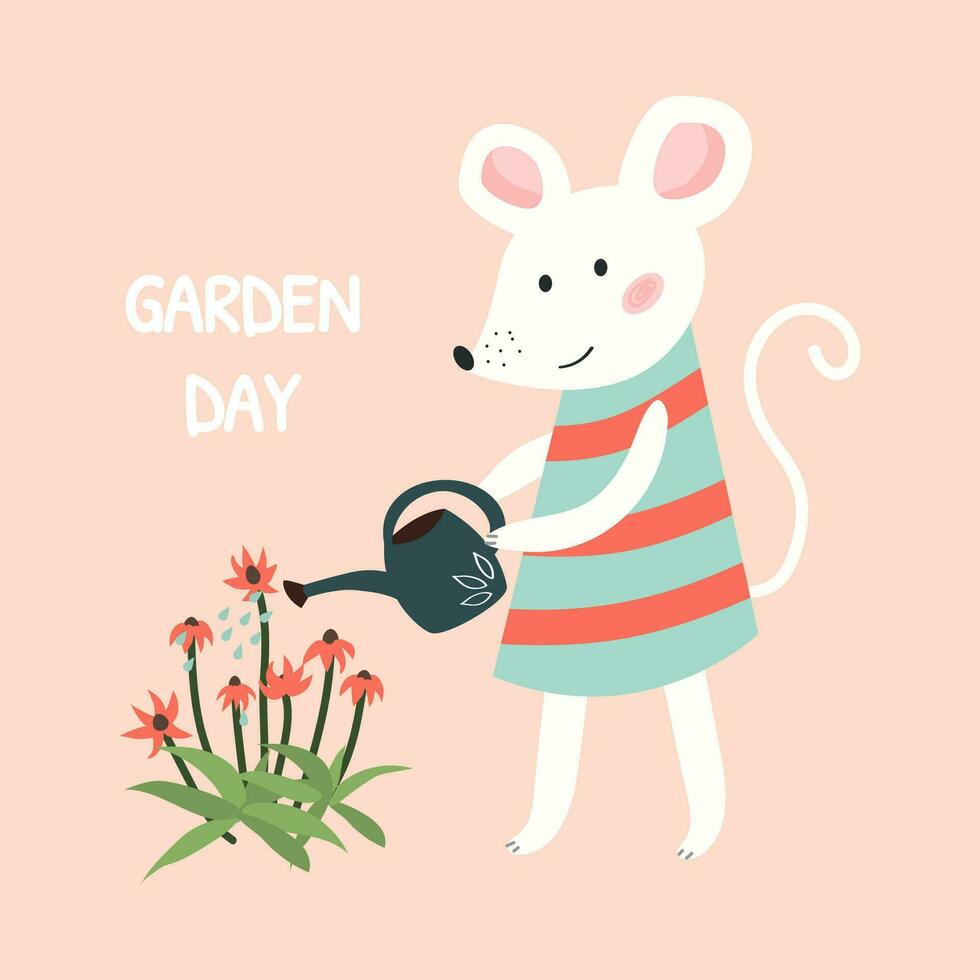 schattig wit muis gieter bloemen. tekenfilm vector illustratie met een muis in een tuin. hand- getrokken kinderen illustratie. afdrukken voor ansichtkaart, afdrukken, t-shirts. roze geïsoleerd achtergrond.