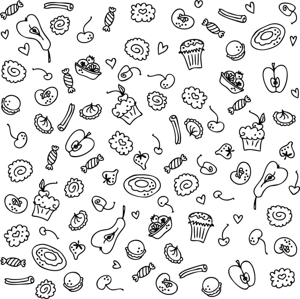 doodle set van zoete taarten en fruit vector