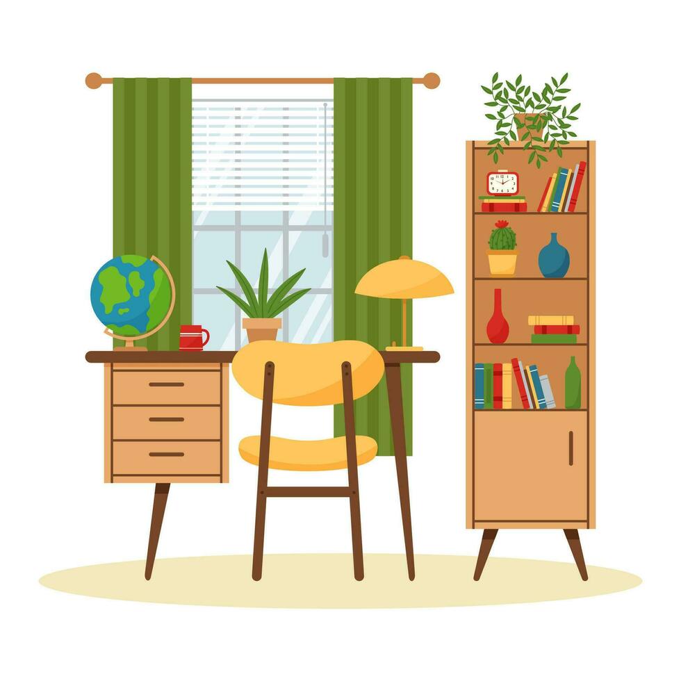 wijnoogst studie kamer interieur met venster, garderobe, tafel. retro meubilair reeks in Jaren 60 stijl. vlak vector illustratie