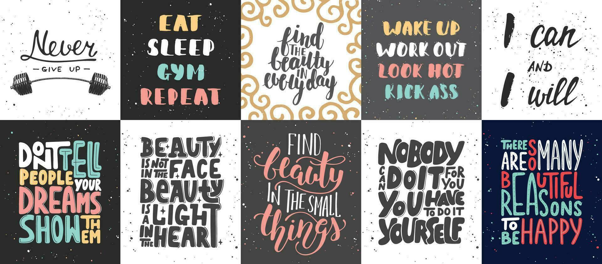 reeks van vector motiverende en inspirerend belettering affiches, groet kaarten, decoratie, afdrukken. hand- getrokken typografie ontwerp elementen. handgeschreven belettering. modern inkt borstel kalligrafie.