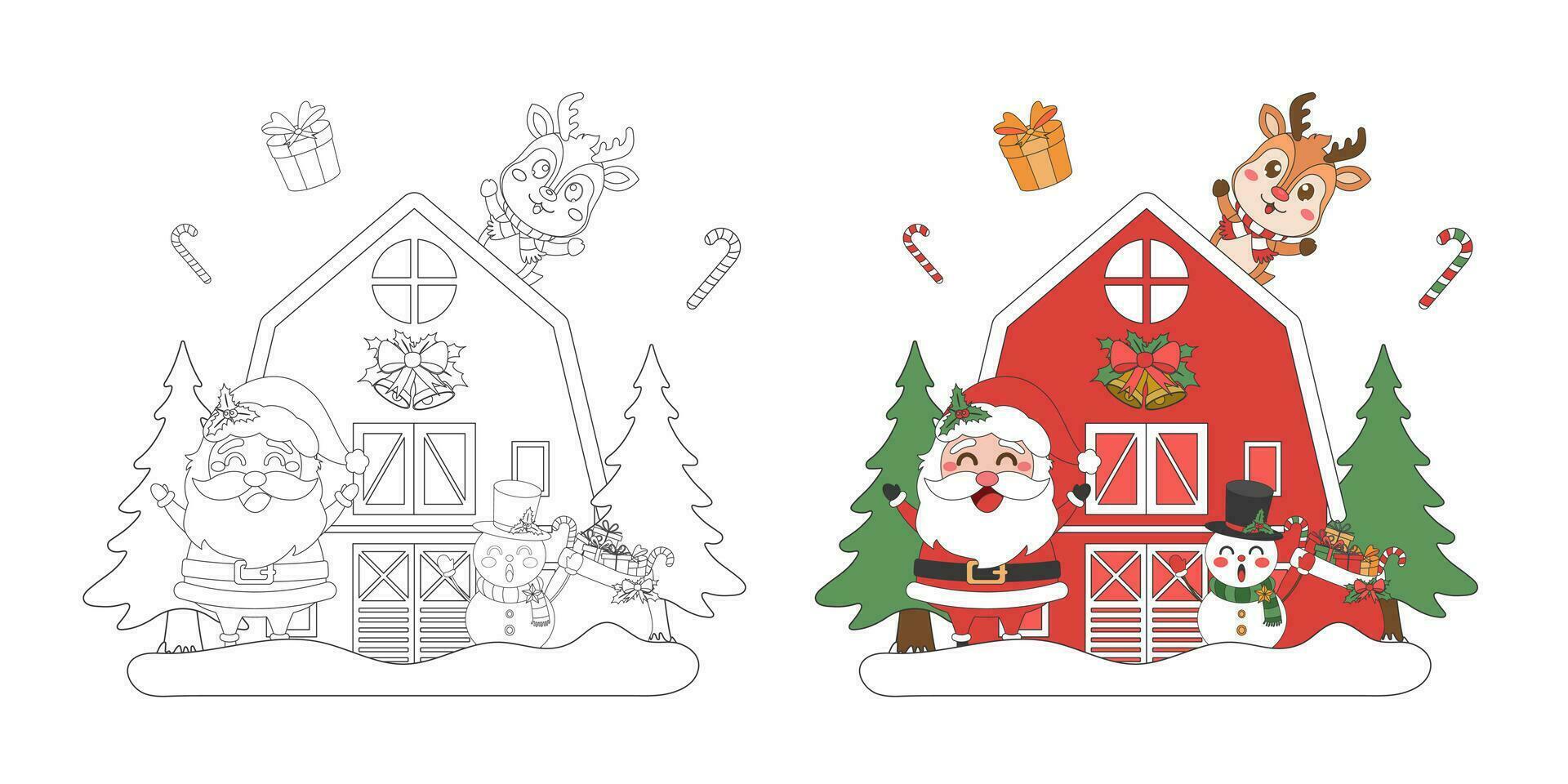 de kerstman claus, rendier en sneeuwman met rood huis, Kerstmis thema lijn kunst tekening tekenfilm illustratie, kleur boek voor kinderen, vrolijk kerstmis. vector