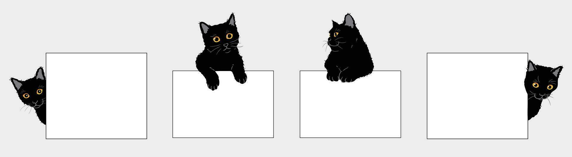 tekenfilm zwart kat met blanco papier. kat bovenstaand banier of teken illustratie vector