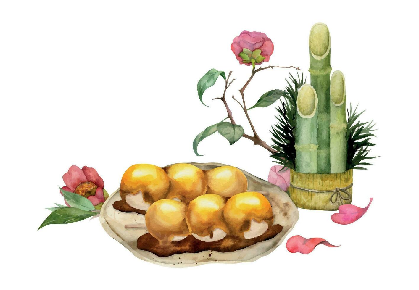waterverf hand- getrokken traditioneel Japans snoepgoed. keramisch gerecht, mitarashi dango, camelia bloem. geïsoleerd Aan wit achtergrond. ontwerp voor uitnodigingen, restaurant menu, groet kaarten, afdrukken, textiel vector