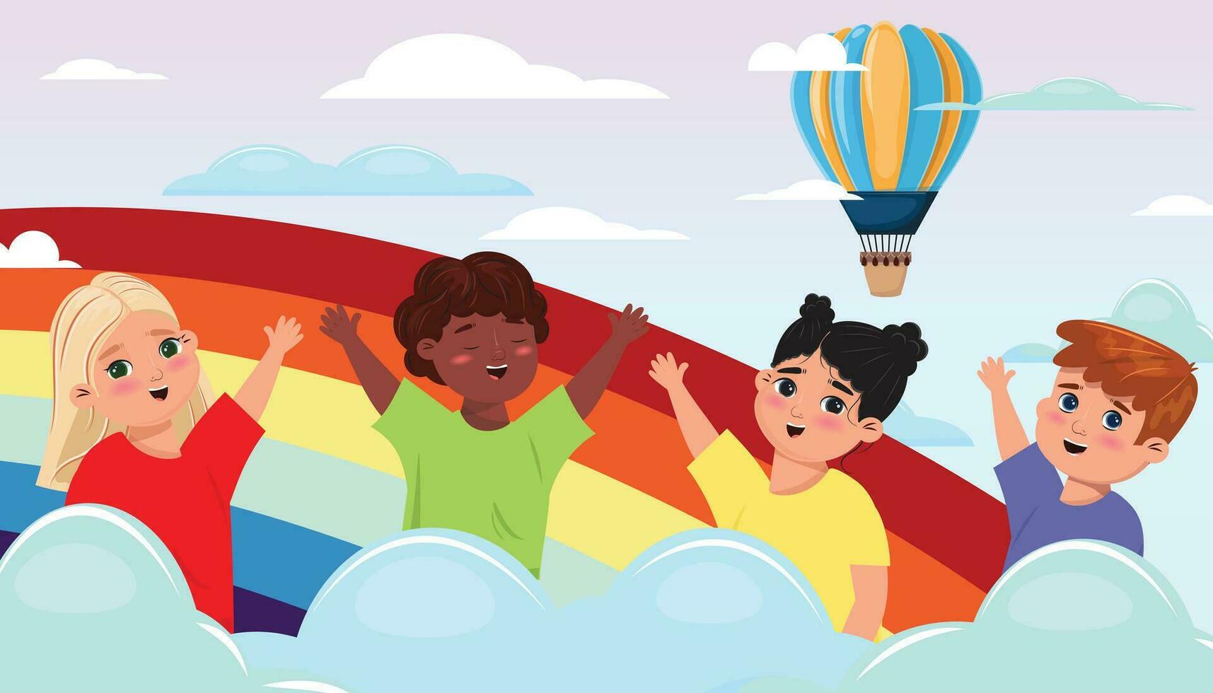 banier met gelukkig multi-etnisch kinderen golvend in de wolken en regenboog Aan de achtergrond. vector