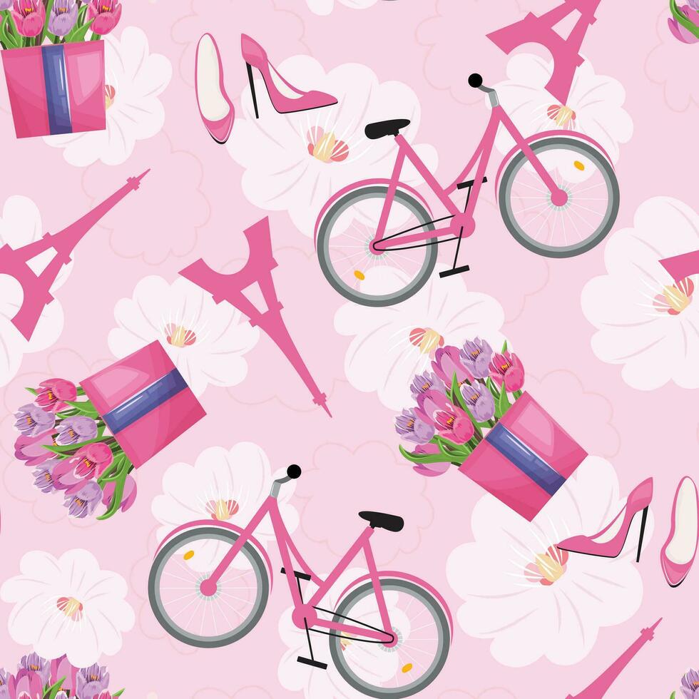 romantisch Frans naadloos patroon met eiffel toren, fiets, roze schoenen en tulpen Aan roze achtergrond vector