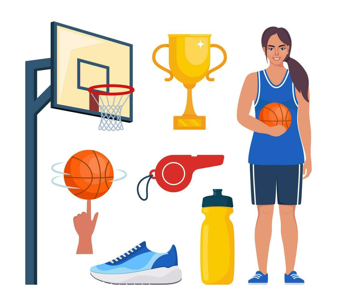 basketbal elementen, set. divers uitrusting voor basketballen. basketbal speler, bal, mand, sportschoenen, beker, fluit. vector illustratie.