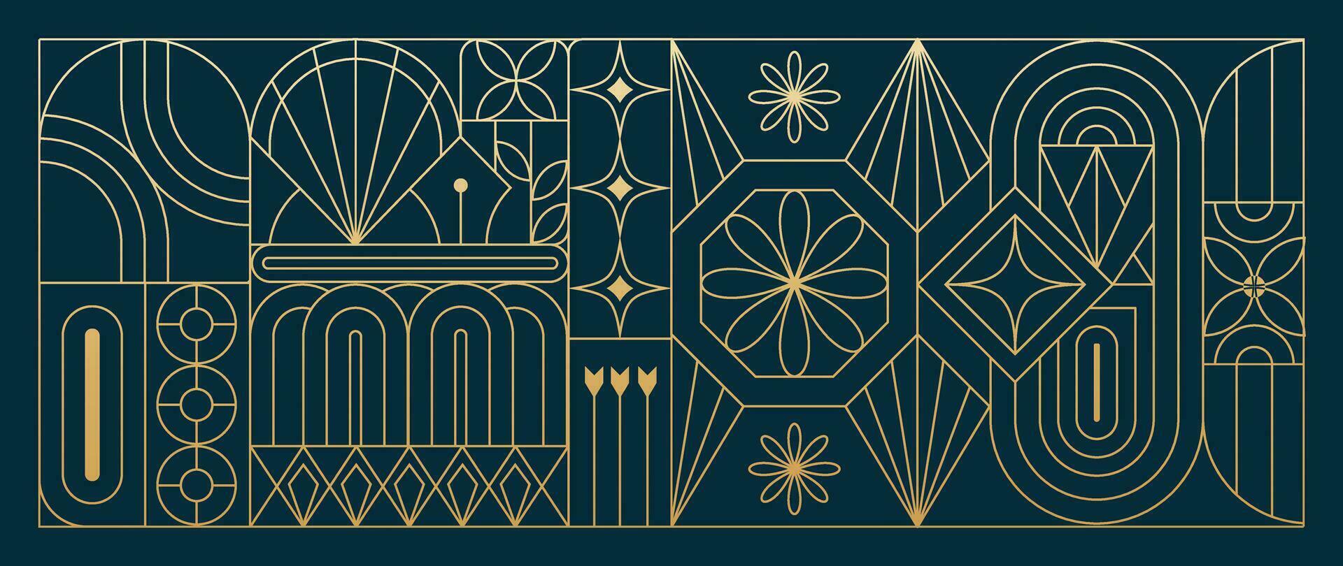 luxe meetkundig goud lijn kunst en kunst deco achtergrond vector. abstract meetkundig kader en elegant kunst nouveau met delicaat. illustratie ontwerp voor uitnodiging, banier, vip, interieur, decoratie. vector